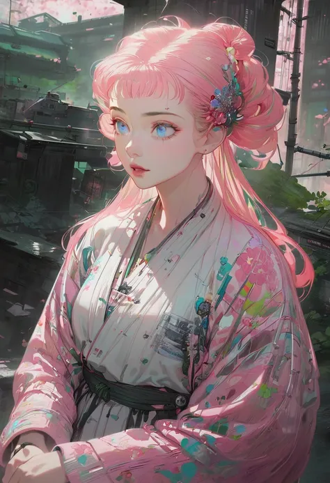 Miss, Realistic Characters,  with green hair and pink hair ,  blue eyes ,  Japanese Animation,  unique , modern,  cyberpunk 