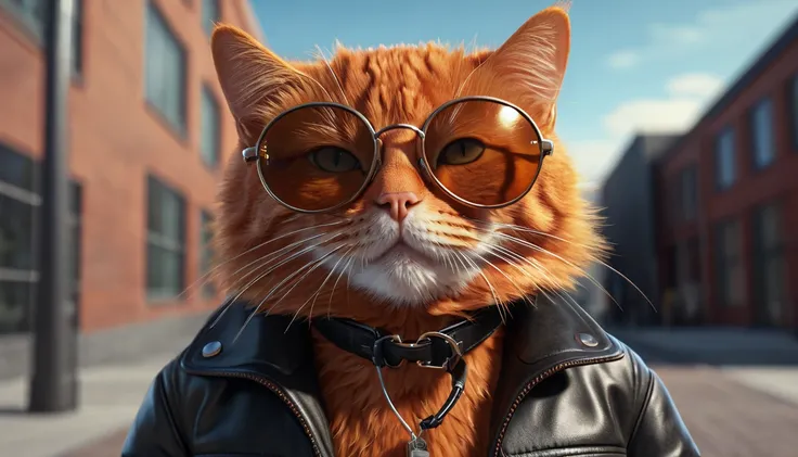 orange cat wearing leather jacket and wearing round dark glasses, realism, detailed, 4K