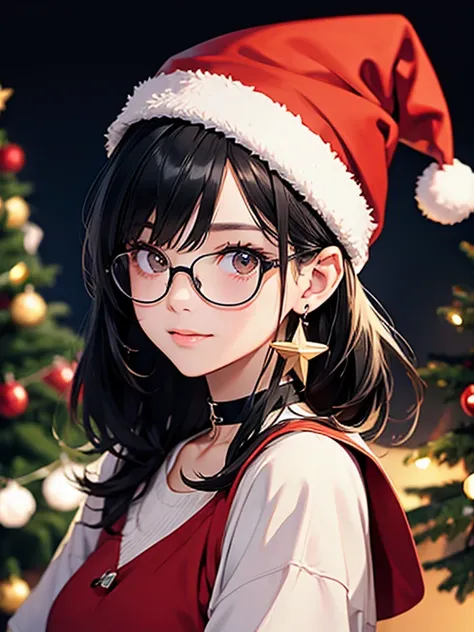  black hair short 、 with a choker around her neck 、    black hair short 、 Girl、  Brown Eyes  、 a girl with star piercings in her ears  、  ChristmasDecorate the tree  、  wear a Santa Claus hat that illuminates the area 、  Christmasツリーが見える、 Rainbowの帽子で  、Dec...