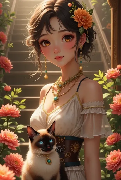 Solo, looking at the audience, brown eyes, jewelry, standing, full body, Siamese cat, cute, indoors, stairs, animal focus, flowers