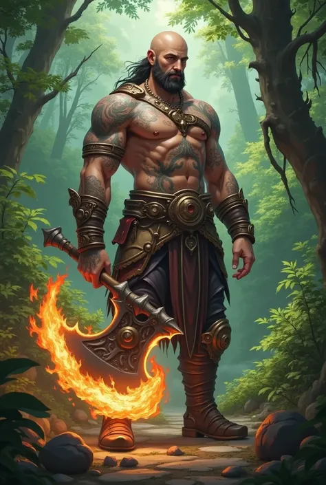 1boy, navel, holding, standing, weapon, male focus, outdoors, belt, holding weapon, armor, tree, tattoo, muscular, colored skin, facial hair, abs, fire, pectorals, muscular male, nature, beard, forest, axe, bald