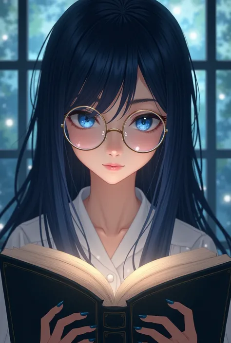 Beautiful girl with dark blue long ones
 hair in transparent glasses with blue eyes looks at a book 
