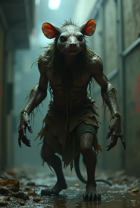  A humanoid zombie rat with deformations in the sewers with toxic gases He wears torn clothes,  he has hair on his body and parts of his body seem to necrotize . And his face is horrifying 