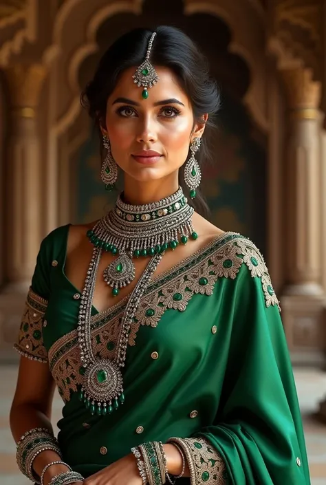 Create a detailed depiction of a regal Indian woman in a traditional setting, wearing an elaborate green saree adorned with intricate embroidery. She is accessorized with heavy silver and emerald jewelry, including a maang tikka, large earrings, necklaces,...