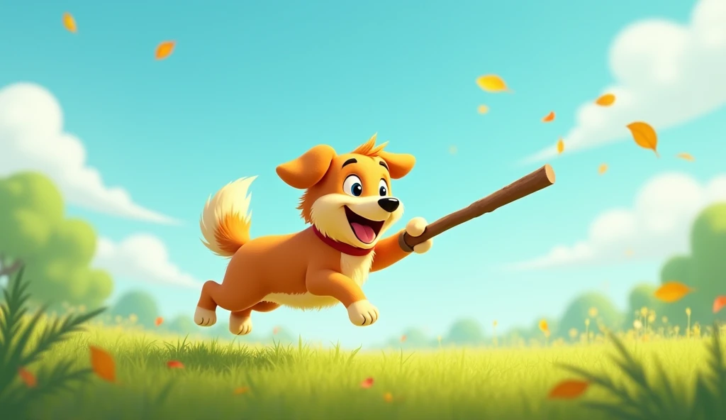 A friendly dog playing fetch with a stick,animated