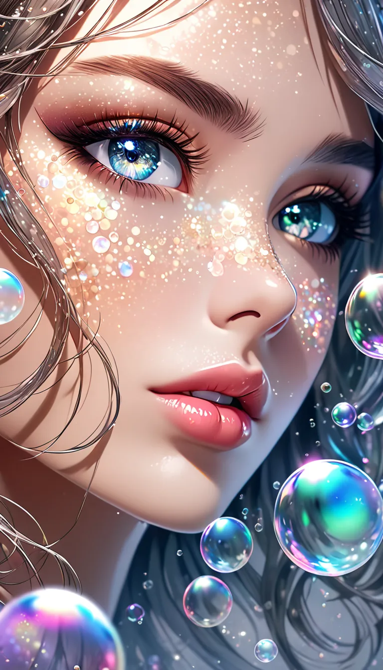 beautiful woman with seductive eyes ,  portrait,  shading effects ,  gradient magic effects , glitter effect, soap bubble effect...