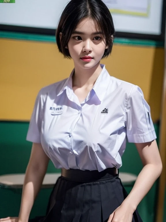 (photorealistic:1.4),Best quality, masterpiece ,Thai classroom, 1girl ,(mathayom uniform),white shirt short sleeves,(black pleated long skirt:1.2),short hair , Pretty thai girl short hair , big breasts , The shirt is tight , big tits
 