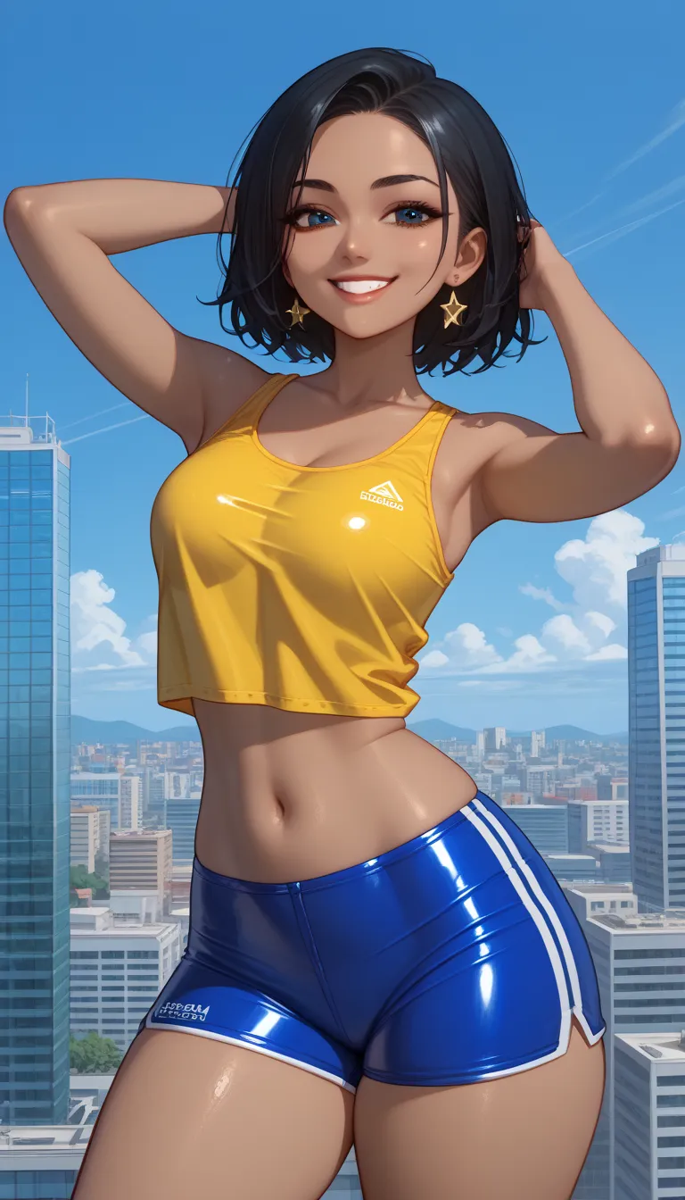 1 black woman ,indigenous Brazilian, ( long black hair:1.2),, Dark skin,  anime style ,  wears a tight yellow tank top and blue latex shorts, arms raised, pose sexy,,smile, big thighs, Colored city background ,style gta v