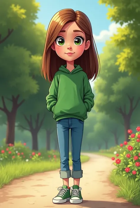  I want you to make me a cartoon of a girl with a fair complexion,  that you are a young adult but small in height ,  with straight brown hair ,  and green eyes , She must have a big mole on her lip .  That your clothes are a green sweatshirt ,  and you mu...