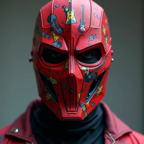 A face mask like doctor doom in red colour in which three to five stickers of musical instruments like gutiar and drums and musical vibes 🎶 🎵 printed, there are only colour in logo , the logo will be infornt of screen in middle, High Resolution, Masterpiec...