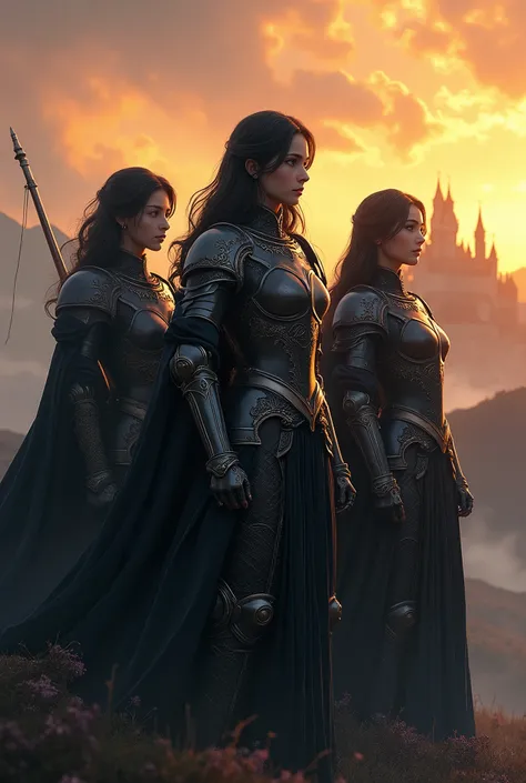 3 gorgeous anime woman, dark fantasy female anime knights, group of 3 knights in a hill, castle in the distance, golden hour, anime stylized picture, oil painting, armour covers all skin, fully armoured including head