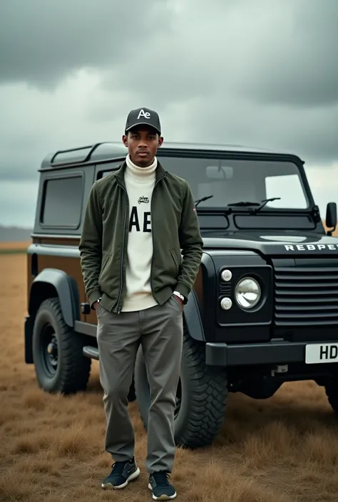 A rugged outdoor scene on a windy grassland with an Indonesian man, wearing a Hita baseball cap, 20 years . standing next to a classic black Land Rover Defender. The man wore a stylish dark green jacket, a white turtleneck sweater with the "AE" logo, and g...