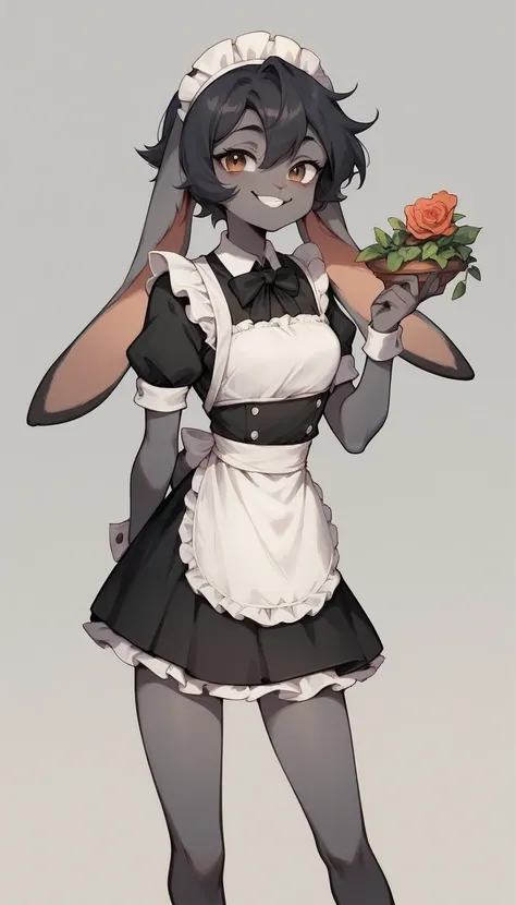  best quality ,  very detailed illustration,( Anthropomorphic fluffy boy rabbit :1,7), gray fur,  tousled fluffy hair , sly look , alluring playful look  , Slim,  perfect body , Cute, Smug Bitches,  cartoon  , Maid clothes