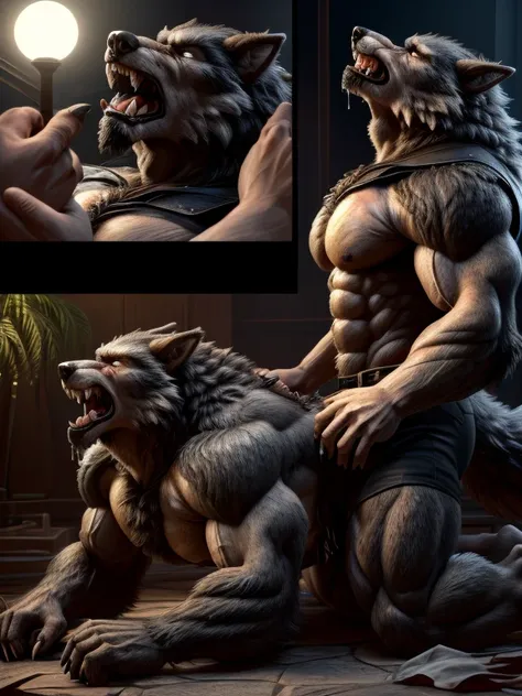 (( Its the best quality )), (( masterpiece )), ((4K)) (((  unique ))), Werewolf， and become half，Gray Wolf,  perfect face ，(((pain, facial pain， dramatic change ，Focused expression)))，  unique ，Masculine charm  ，Endocrine  ，  Delicate eyes ，  palms into cl...