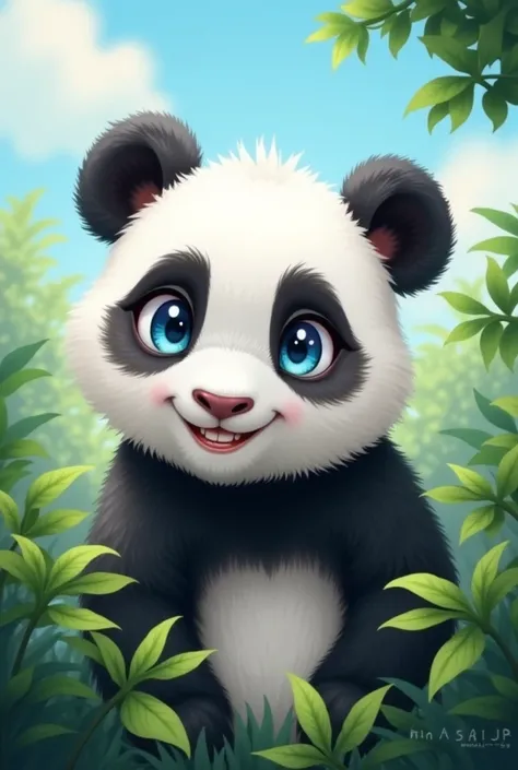 solo,looking at viewer,smile,blue eyes,outdoors,sky,day,artist name,head tilt,no humans,animal,watermark,plant,web address,animal focus,peeking out,panda,