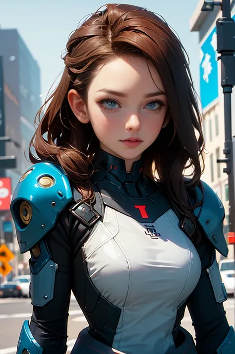 masterpiece,  best quality, , (solo), 1girl, look up, dim light, , Horizon_(apex legends), goggles, blue eyes, brown hair, gauntlets, shoulder armor,  headwear, (freckles:0.5), , (science_fiction), outdoors, street, neon lights, cyberpunk,