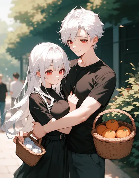  ,White hair,Beautiful hair , in red eyes , black shirt, medium breasts,smile,shy, holding a basket , wearing a black skirt,cute, fan boy 