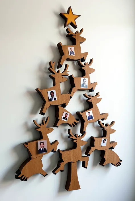  wall ornament with reindeer that each reindeer has a photo of a company employee, And that these reindeer are forming a Christmas tree, reindeer must be made with recyclable material