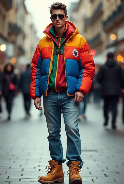 italian "Paninaro" in the 80s wearing Moncler colored jacket, jeans, Rayban shades and Timberland shoes