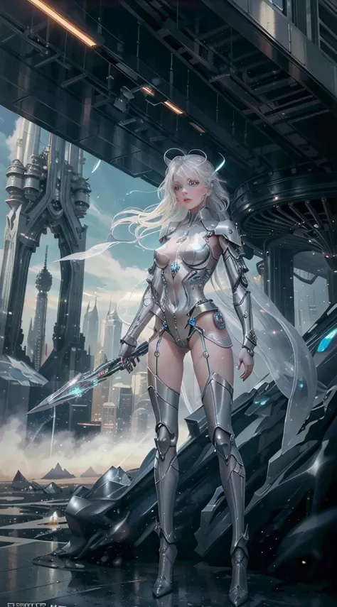 Translucent ethereal mechanical girl，futuristic girl，Mechanical joint，futuristic city background