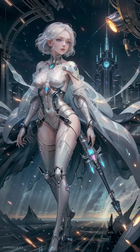 Translucent ethereal mechanical girl，futuristic girl，Mechanical joint，futuristic city background