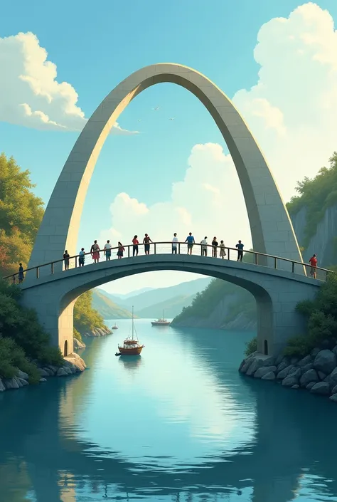 The illustration depicts a beautiful bridge with a parabolic arch, spanning across a river. The arch rises gracefully, with a symmetrical, upward-curving shape. People walk along the bridge, and a few boats drift below in the water.
