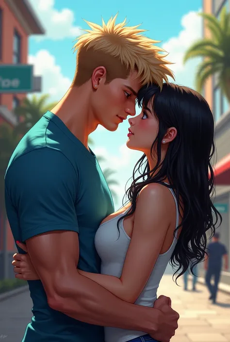 A blond-haired boy with seawater-colored eyes, wearing a blue T-shirt, fair skin, of robust build (muscular), of tall stature, showing a lot of affection to a girl with dark hair with gray eyes, light skin, of thin build but with developed muscles and body...