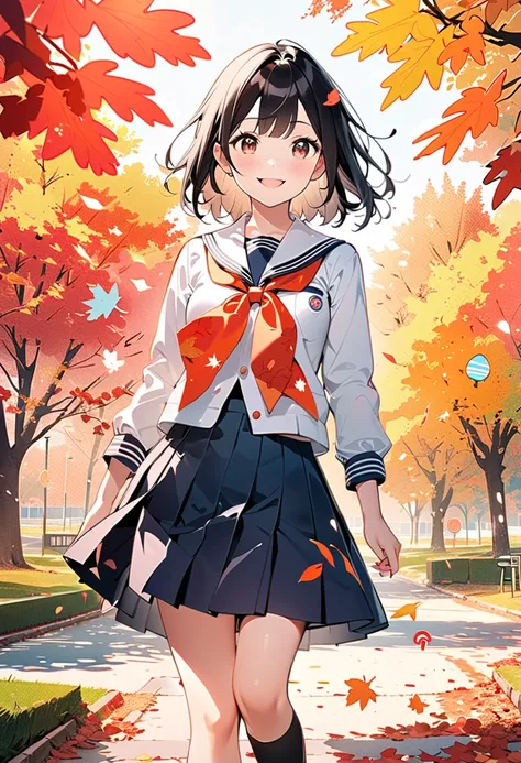 (masterpiece, best quality),(double exposure:1.2), woodblock print collage depicting,(cute school girl,tween, breasts,autumn school-uniform,school park),super happy,smile,great joy,surrounded by autumn-leaves symbols,melancholic and nostalgic, splash color...