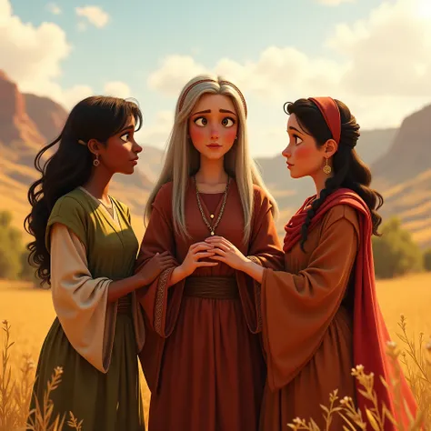 "In ancient times, portray Noemi and her two daughters-in-law in a moment of emotional farewell., while Orfa is left behind and Rute walks alongside Noemi .” Stilo Disney pixar cartoon