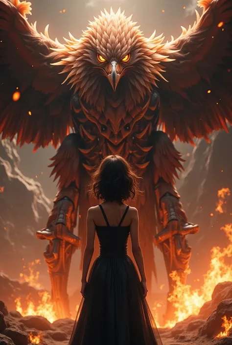 Mecha Dominance, close-up shot of a girl wearing black dress standing next to a giant eagle with glowing orange eyes in the flames, dark lighting, dim lighting, highly detailed, ultra-high resolutions, 32K UHD, best quality, masterpiece, 