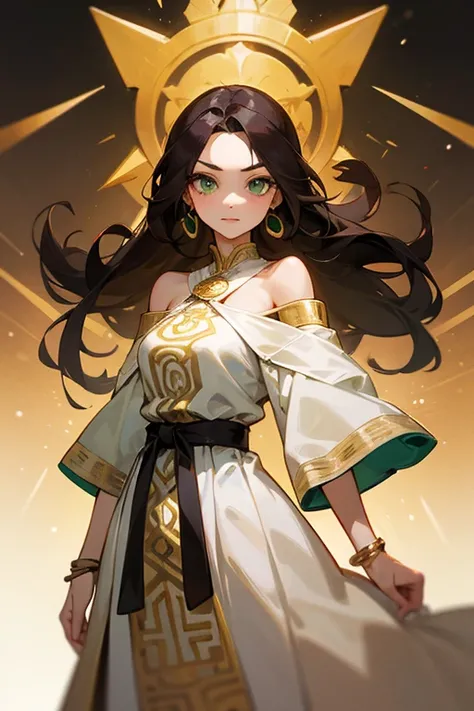 Une fille,  brown mid-length hair , Fine green eyes , gros sourcils ,  white aztec style dress , manches longues,  off the shoulder, gold jewelry ,  black belt high very tight, 