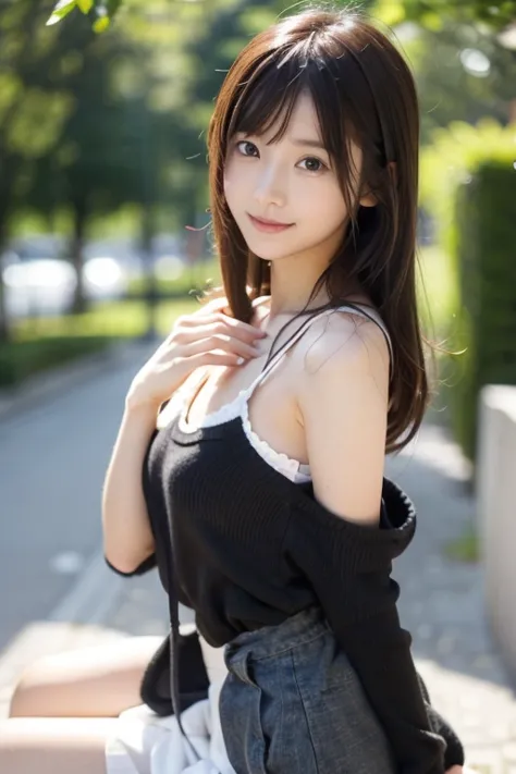 realistic photo quality 、a japanese model is sitting wearing white clothes and a black skirt wearing gloves,  black skirt、 cospl...