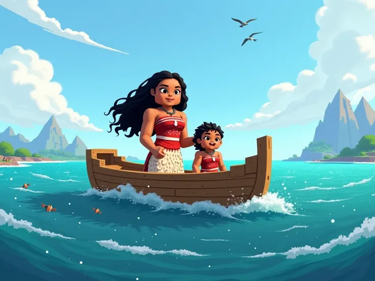 Create a Minecraft cartoon of Moanas son next to Moana in the middle of the ocean inside a boat. Make a 2D cartoon drawing of Minecraft  