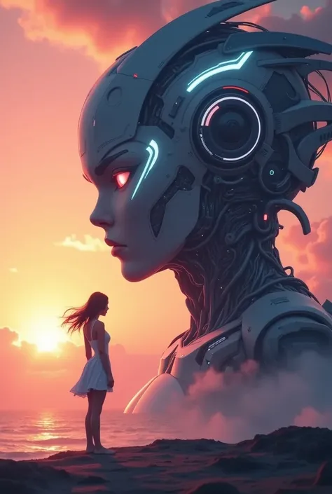 Wide angle long shot, back view of an attractive young beauty standing next to a giant next-generation mecha head with glowing markings on the head in the clouds at sunset, gradient orange and pink sunset, Stylize 250, highly detailed, ultra-high resolutio...