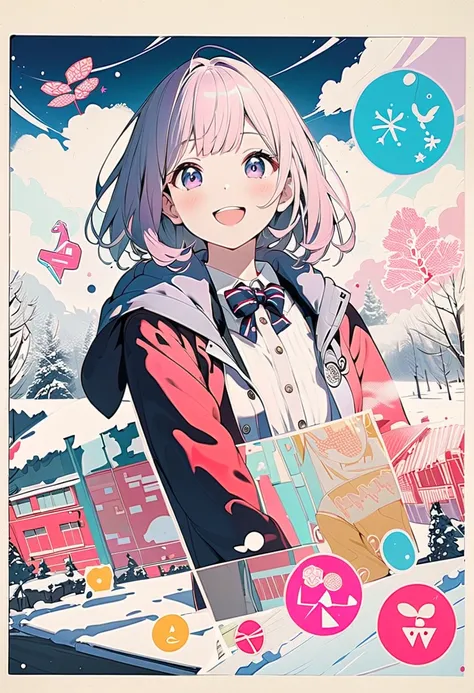 (masterpiece, best quality),(double exposure:1.2), woodblock print collage depicting,(cute school girl,tween, breasts,winter school-uniform,school park),4super happy,smile,great joy,surrounded by snow symbols,melancholic and nostalgic, splash color,collage...