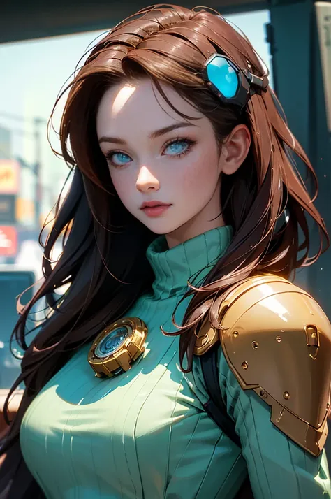 masterpiece,  best quality, , (solo), 1girl, look up, dim light, , Horizon_(apex legends), goggles, blue eyes, brown hair, gauntlets, shoulder armor,  headwear, (freckles:0.5), , (science_fiction), outdoors, street, neon lights, cyberpunk,