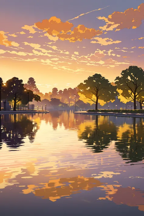 a tranquil sunrise over a modern city reflected on a still lake. the buildings, painted in soft hues of orange, yellow, and purp...