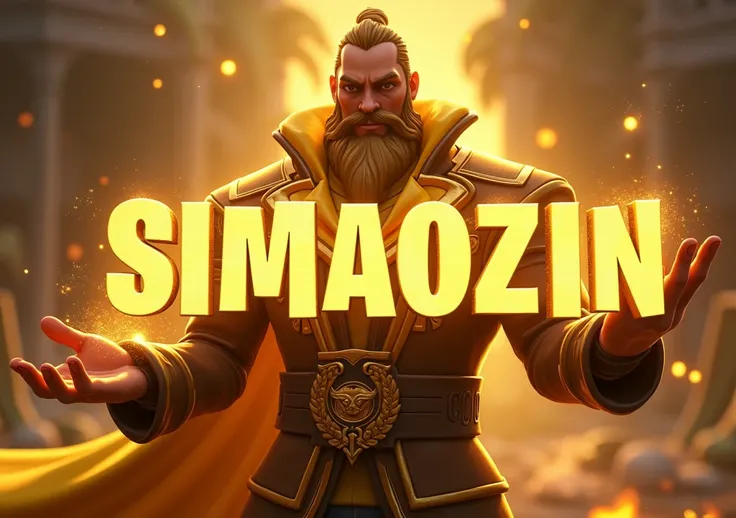 Create art with the character Midas from Fortnite touching the name in text SIMAOZIN in capital letters and turning it into gold