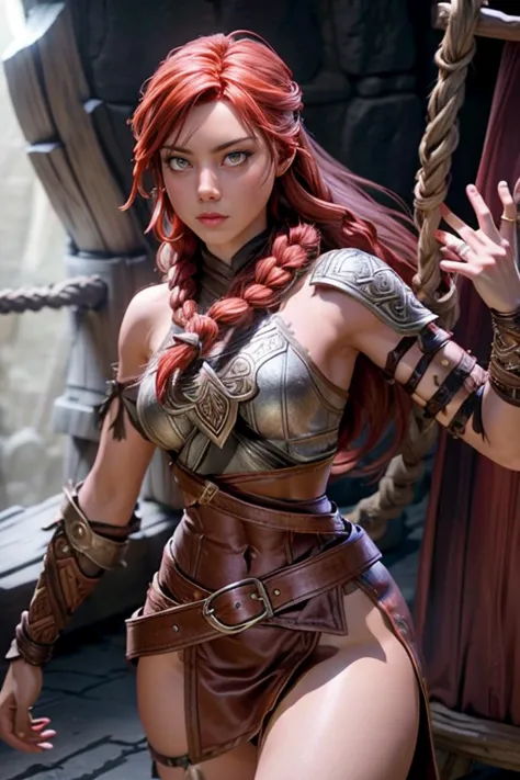 young viking woman , warrior,  long red hair tied in a single braid ,  amazonian body ,  generous hips , curvilinear,  woman wea...