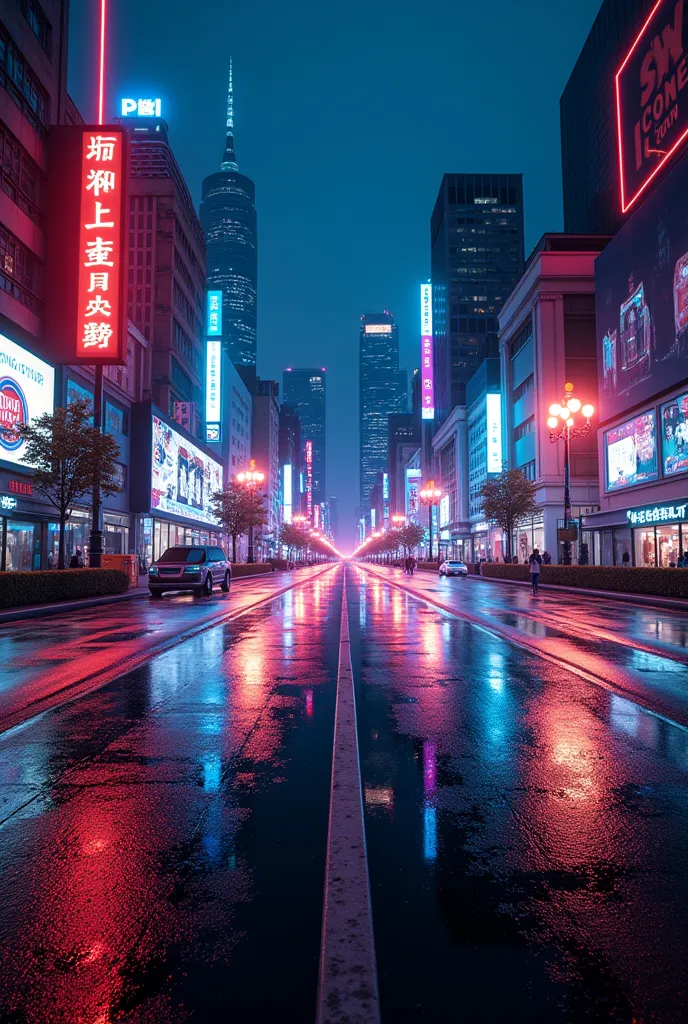 The road surface is wet from rain,The scenery of the city is reflected on the road,Night view, neon lights shining ,,