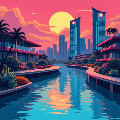 Pop art illustrations from the 80s, motifs include cities reflected in water, flat colors, record jackets, city pop, logo type "City Dream"