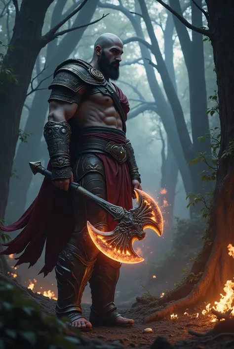 God of War, Kratos from God of War holding a glowing battle axe in his hands, looking determined, ready for a fight, standing inside a dark forest, Asgard, VFX, fire special effect, dynamic actions, cinematic film shot, highly detailed, ultra-high resoluti...