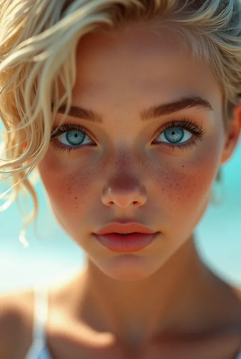  girl with piercing eyes as blue as the sunny sky, Brilliant blonde short hair 