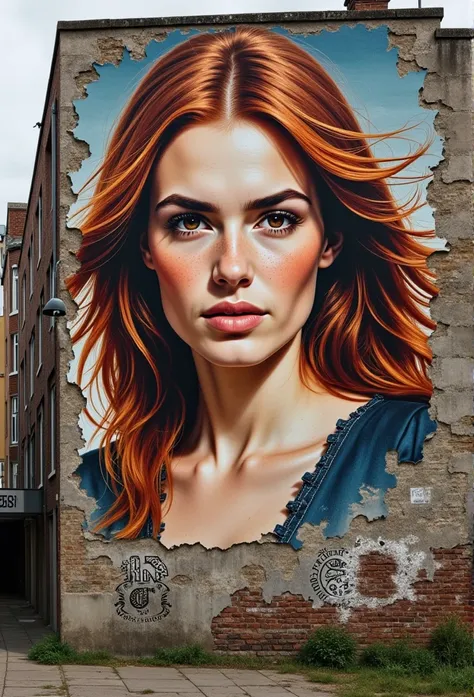 Photorealistic picture, cinematic style, (((a graffiti art on a rundown concrete building wall depicting a beautiful British woman))). 