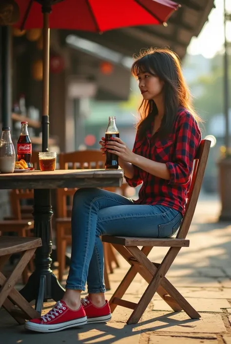 photo from a distance, a woman from Thailand, sitting on a wooden chair and table outside a cafe, tight jeans, red converse shoes, red checked shirt, coca cola, morning, cinematic