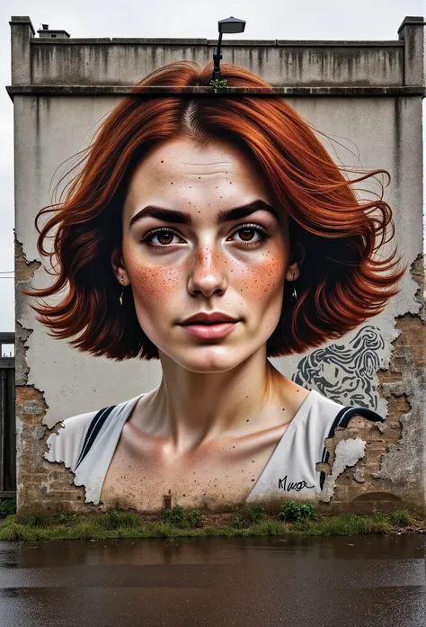 Photorealistic picture, cinematic style, (((a graffiti art on a rundown concrete building wall depicting a beautiful British woman))). 