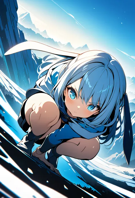 (Anime illustration of a girl with a rabbit motif. Squatting down. The effect of storing energy in the legs. The energy is blue and shining. The background is a scene in the mountains. Angle viewed from top to bottom. A serious expression. masterpiece, bes...