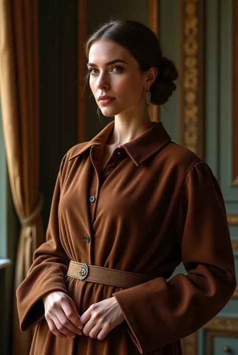 Elegant and extravagant brown shirt made of wool and modeled by a woman 