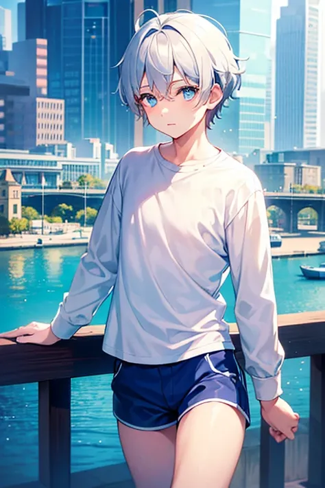 a boy wearing a white long-sleeved shirt and blue shorts is looking city reflected on water, (beautiful eyes), ((best quality)), ((masterpiece))