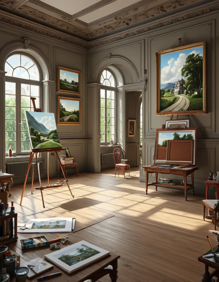 sketch the room has a drawing easel with a painting, unnamed artist&#39;s room, detailed picture 4k,  room painting , interior b...